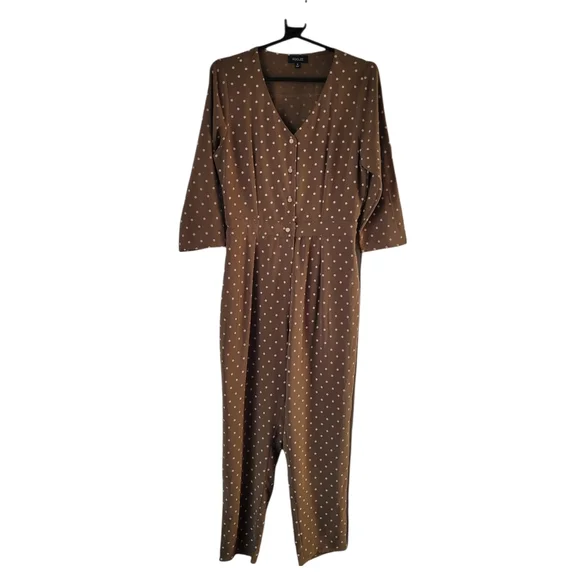 Roolee Polka Dot Jumpsuit Olive Green Button Down 3/4 Sleeve Size Small - Picture 1 of 12